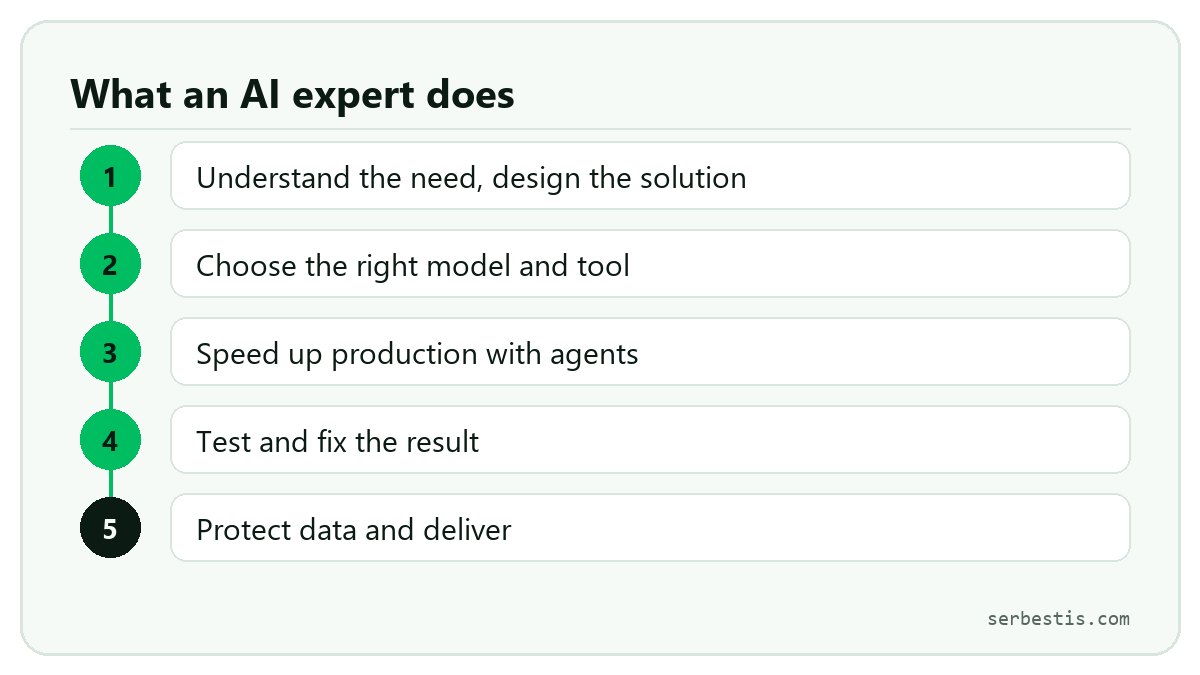 The AI expert's workflow: understand the need, choose tools, produce with agents, test, deliver
